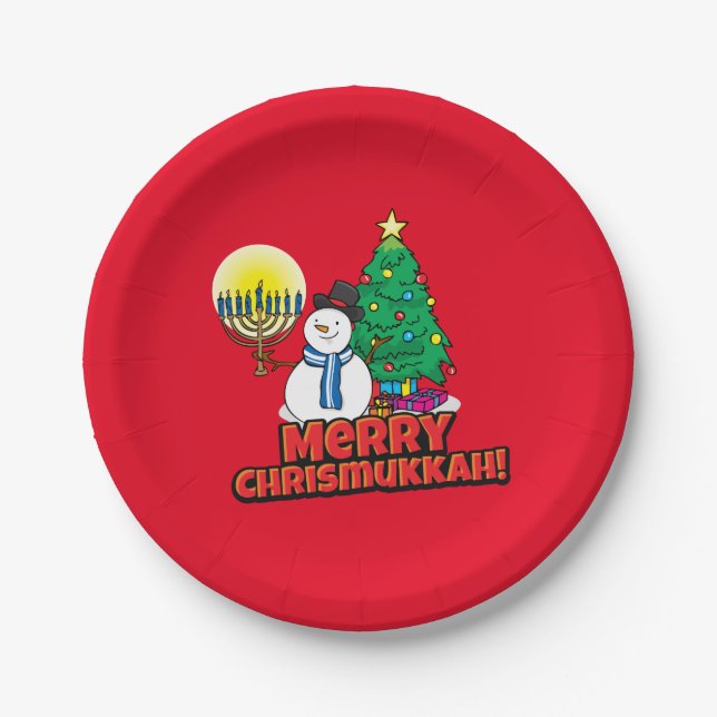 Merry Chrismukkah with Snowman and Menorah Paper Plate (Front)