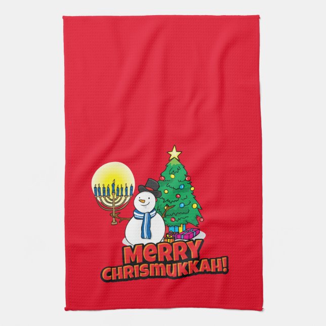 Merry Chrismukkah with Snowman and Menorah Tea Towel (Vertical)
