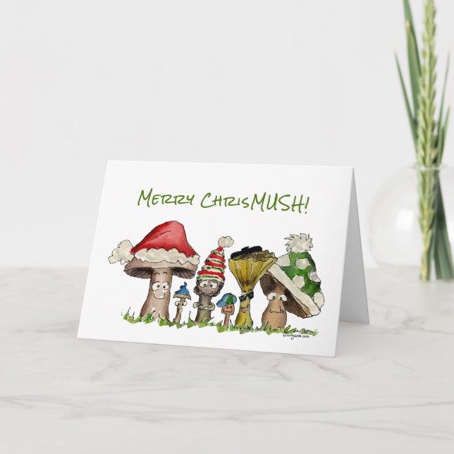 Merry ChrisMUSH Christmas Mushrooms Cartoon Holiday Card (Front)