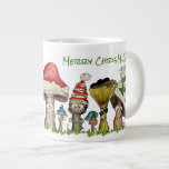 Merry ChrisMUSH Christmas Mushrooms Cartoon Large Coffee Mug<br><div class="desc">Six funny cartoon mushroom caps wearing holiday caps are saying Merry ChrisMUSH. Let these funny fungi express your Christmas or Holiday Cheer. There is a cute small mushroom on the left side saying "Gills just wanna have fungi! Fa la la la la". Write your own text in any field to...</div>