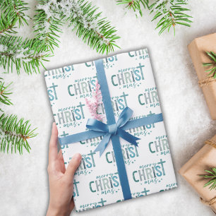 Merry Christ mas Christian Religious Boho Blue Wrapping Paper