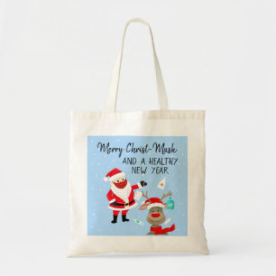 merry Christ-mask and a healthy New Year postcard Tote Bag