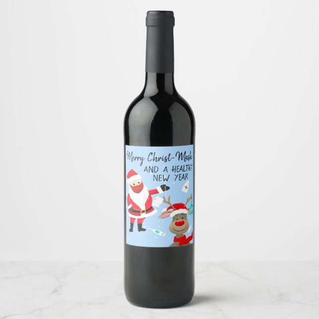 merry Christ-mask and a healthy New Year postcard Wine Label (Front)