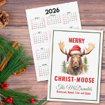 Merry Christ-moose Christmas Moose Calendar Holiday Card<br><div class="desc">Embrace the holiday spirit with our charming Christmas card/calendar, featuring a loveable moose donning a Santa hat on the front, accompanied by the punny greeting “Merry Christ-moose”. On the back you’ll find a convenient calendar for your recipient to enjoy for the entire year. This card is perfect for sending warm...</div>