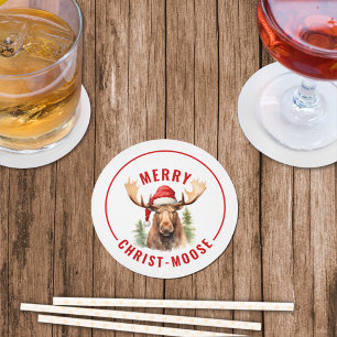 Merry Christ-moose Funny Christmas Moose Round Paper Coaster