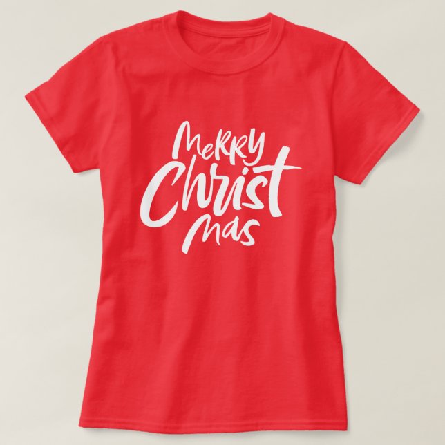 Merry Christian Christmas Lettering Religious Red T-Shirt (Design Front)