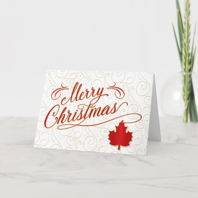 Merry Christma for Canadians in Red and Gold Maple Holiday Card (Front)