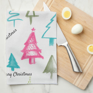 Merry Christma Multicolor Abstract Holiday Trees Tea Towel