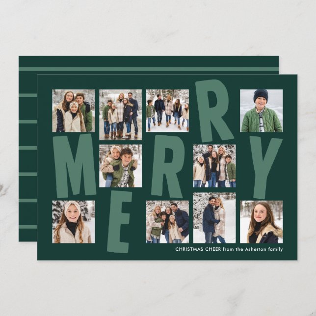 Merry Christmas 10 photo collage bold modern green Holiday Card (Front/Back)