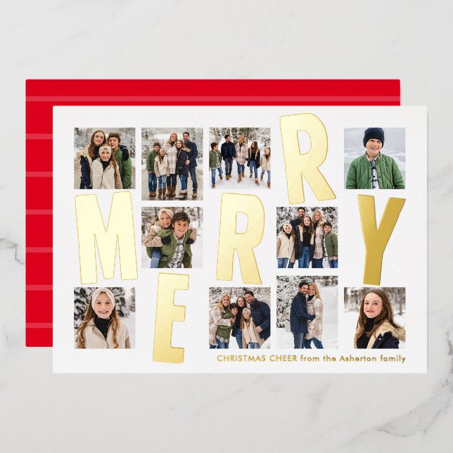 Merry Christmas 10 photo collage bold modern red Foil Holiday Card (Front/Back)