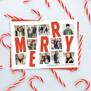 Merry Christmas 10 photo collage bold modern red Holiday Card