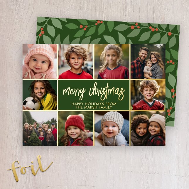 Merry Christmas - 10 Photo - Modern Script Gold Foil Holiday Card (A mod Christmas card - 10 photos and botanical pattern. Deep olive and sage green.)