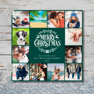 Merry Christmas 12 Photo Collage Green Holiday Card