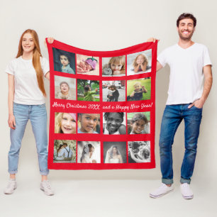 Merry Christmas 12-Photo Montage Red Fleece Blanket