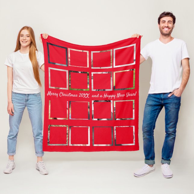 Merry Christmas 12-Photo Montage Red Fleece Blanket (In Situ)