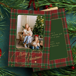 Merry Christmas 1 photo classic red green plaid Holiday Card