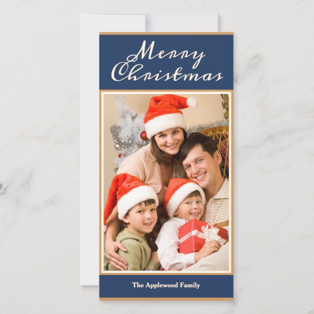 Merry Christmas 1 Photo Elegant Blue Faux Gold Holiday Card (Front)