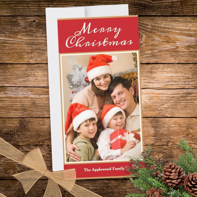 Merry Christmas 1 Photo Elegant Red Faux Gold Holiday Card (A rustic Christmas card in red, faux gold and cream, to personalize with a photo and name(s))