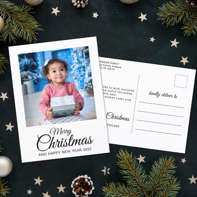 Merry Christmas 1 photo elegant script Holiday Postcard (Creator Uploaded)