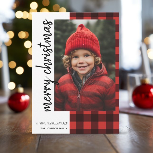 Merry Christmas 1 Photo Red Black Buffalo Plaid Holiday Card (Buffalo Plaid Pattern Christmas Card with One Photo)