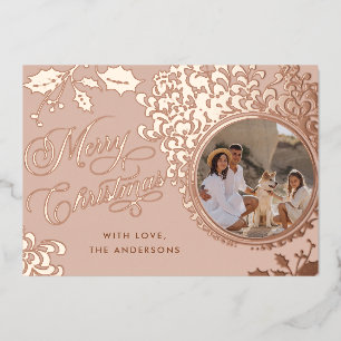 Merry Christmas 1 Photo Vintage Holly Real Foil Holiday Card