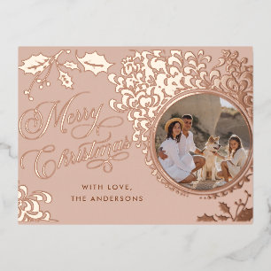 Merry Christmas 1 Photo Vintage Rose Gold Real Foil Holiday Postcard