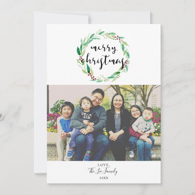 Merry Christmas 1 Photo Watercolor Wreath Chic Holiday Card (Front)
