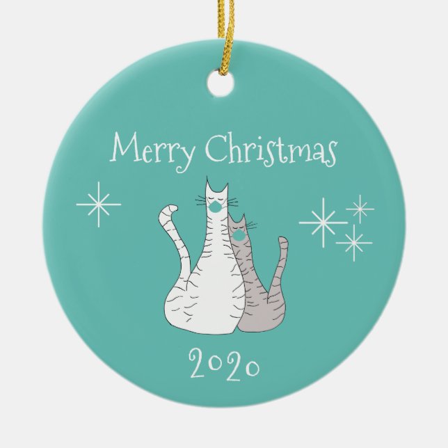 Merry Christmas 2020 Cats Trendy Teal Face Masks Ceramic Tree Decoration (Front)