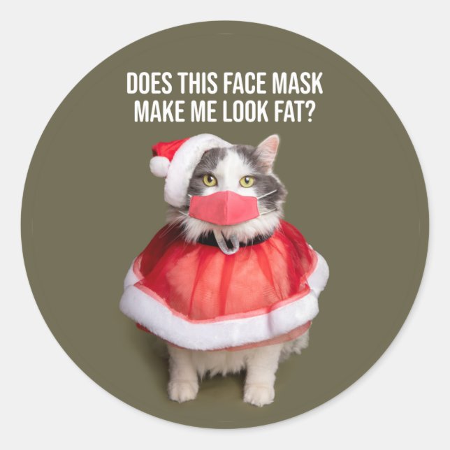 Merry Christmas 2020 Fat Cat in Face Mask Classic Round Sticker (Front)