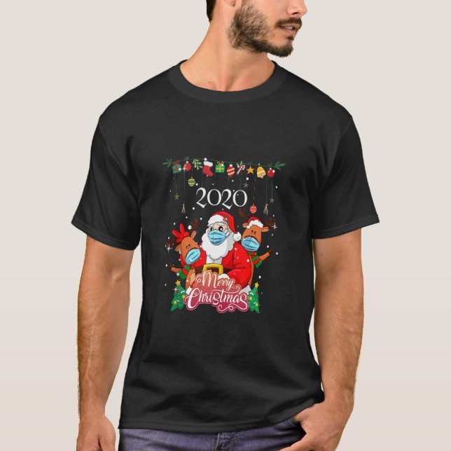 Merry Christmas 2020 Santa & Reindeer Mask Pyjamas T-Shirt (Front)