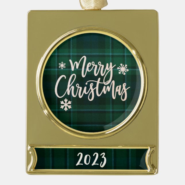 Merry Christmas 2023 Green Plaid Gold Plated Banner Ornament (Front)