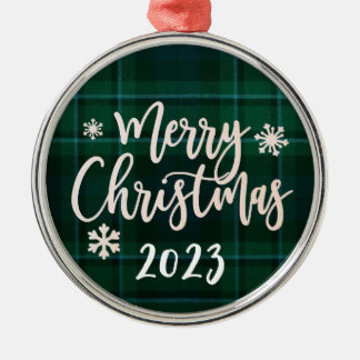 Merry Christmas 2023 Green Plaid Metal Tree Decoration