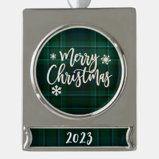 Merry Christmas 2023 Green Plaid Silver Plated Banner Ornament