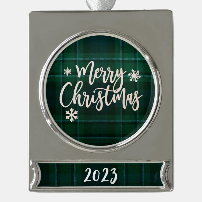 Merry Christmas 2023 Green Plaid Silver Plated Banner Ornament (Front)