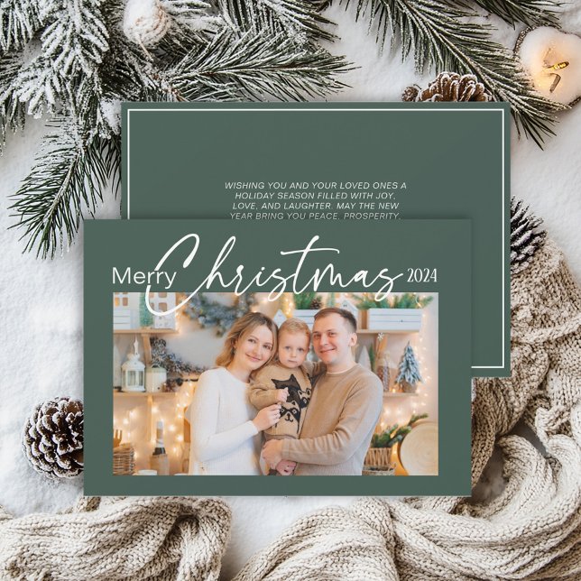 Merry Christmas 2024 Photo Elegant Script Green Holiday Card (Green photo Christmas greeting card)