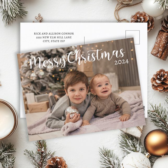 Merry Christmas 2024 Photo Typography Holiday Postcard ("Merry Christmas" photo greeting postcard)