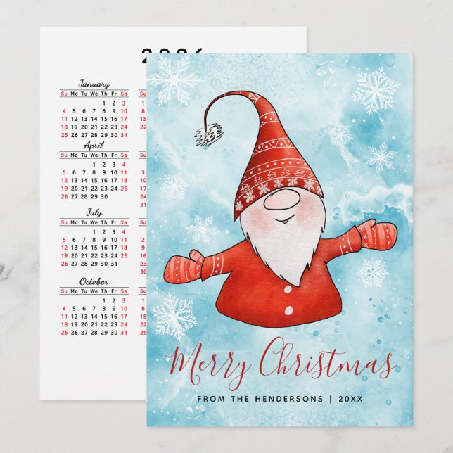 Merry Christmas 2025 Calendar Blue Red Gnome Holiday Card (Front/Back)