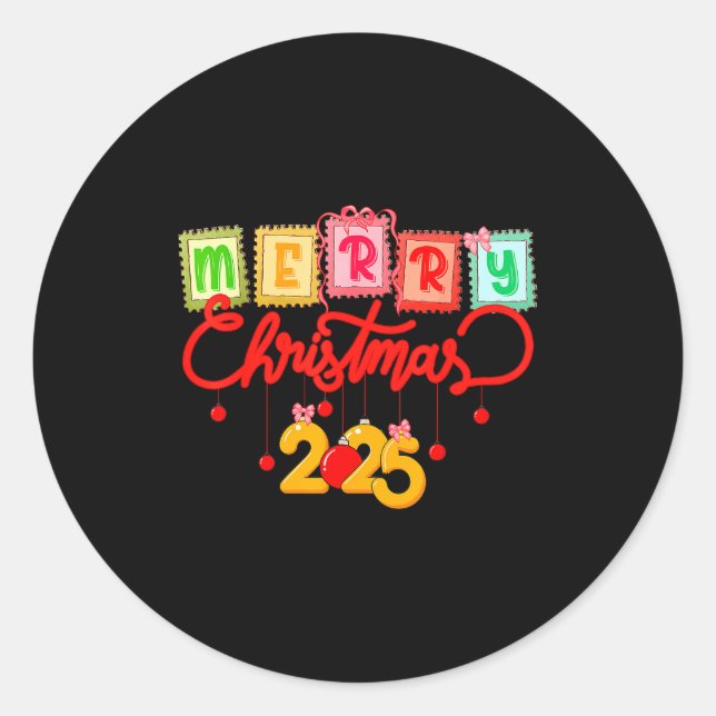 Merry Christmas 2025 Coquette Bow Matching Family  Classic Round Sticker (Front)