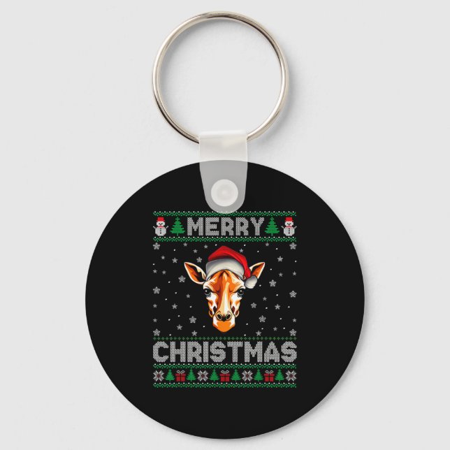 Merry Christmas 2025 Giraffe Santa Hat Ugly Xmas  Key Ring (Front)