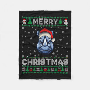 Merry Christmas 2025 Rhino Santa Hat Ugly Xmas Fleece Blanket