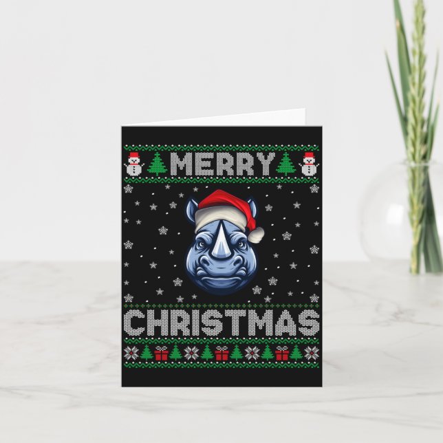 Merry Christmas 2025 Rhino Santa Hat Ugly Xmas Lon Card (Front)