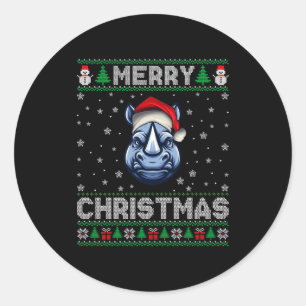 Merry Christmas 2025 Rhino Santa Hat Ugly Xmas Lon Classic Round Sticker