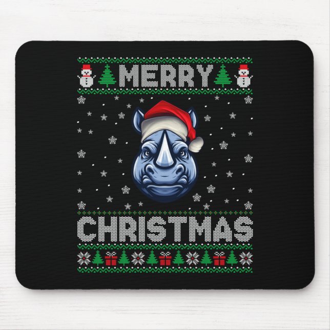 Merry Christmas 2025 Rhino Santa Hat Ugly Xmas Lon Mouse Mat (Front)