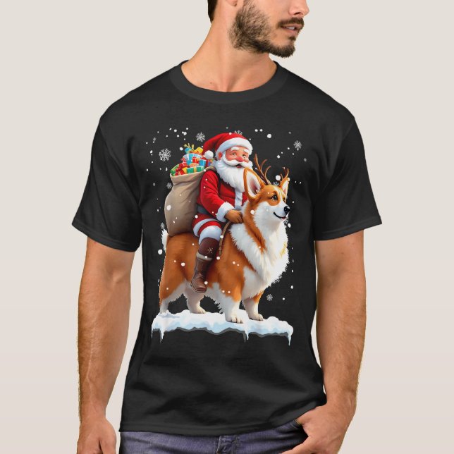 Merry Christmas 2025 Santa Riding Corgi Dog Xmas  T-Shirt (Front)