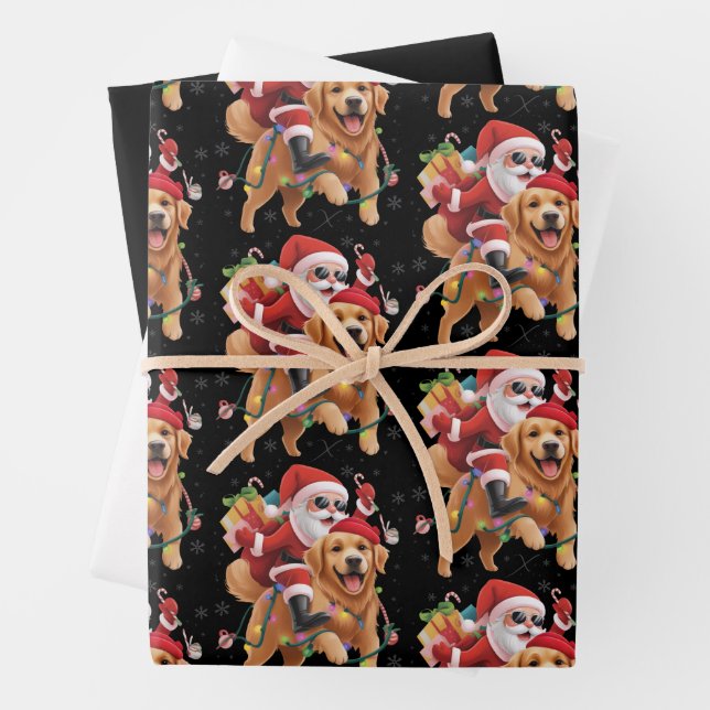 Merry Christmas 2025 Santa Riding Golden Retriever Wrapping Paper Sheet (In situ)