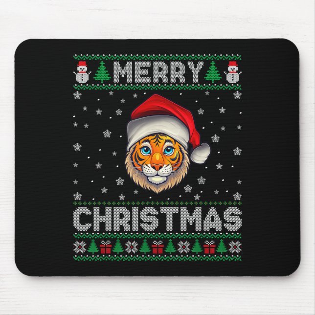 Merry Christmas 2025 Tiger Santa Hat Ugly Xmas  Mouse Mat (Front)