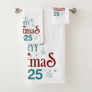 Merry Christmas 2025 White Bath Towel Set