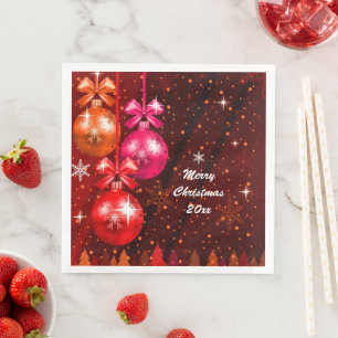 Merry Christmas 20XX Add Text Year Red Pink Brown Napkin