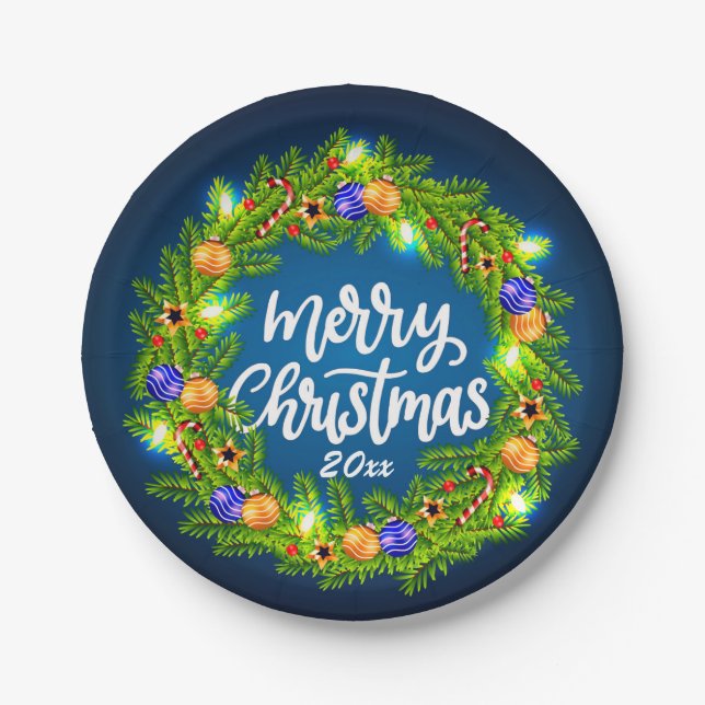 Merry Christmas 20XX Green Wreath on Blue 7" Paper Plate (Front)