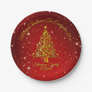 Merry Christmas 20XX Red Gold Tree Stars 7" Paper Plate